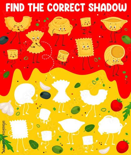 Find the correct shadow of cartoon italian pasta characters vector quiz game. Kids puzzle worksheet of matching riddle with funny macaroni personages, cute farfalle, fettuccine, conchiglie and ravioli