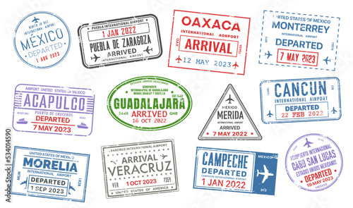 Passport travel stamps of Mexico country. Journey visa of mexican international airport vector set. Isolated grunge stamps of departure and arrival with colorful frames, planes, airplanes and ships © Buch&Bee