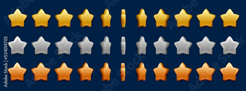 Silver, golden, bronze star rotate. Animated game sprite sheet of vector 3d rate stars. Video game animation effect with spinning winner award, bonus and ranking medal sequence frame, gui assets