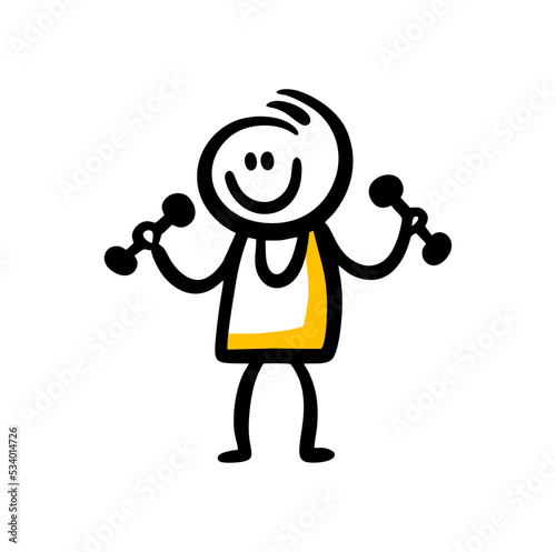 Doodle character of sportsman with dumbbells in his hands.