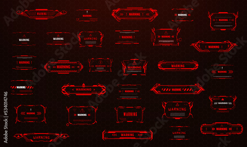 HUD danger and warning red interface frames, vector game ui. Futuristic digital alert screens with attention and caution messages. High tech windows set with glowing hologram borders and warning signs