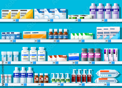 Pharmacy shelf with medicines. Vector shelves of drugstore interior with pills, vitamins, capsules and drugs bottles. Plastic containers, glass bottles, paper boxes, sprays, wet wipes on counter racks