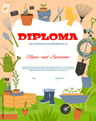 Kids diploma, farming and gardening tools vector certificate of school, preschool or kindergarten education. Child graduation diploma in frame of cartoon farmer equipment, plants, shovel and boots