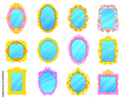 Princess mirrors in gold and pink frames. Cartoon vintage mirrors or vector looking glass of fairy tale princess, queen or baby girl with ornate frame borders of golden pattern, royal crowns, flowers