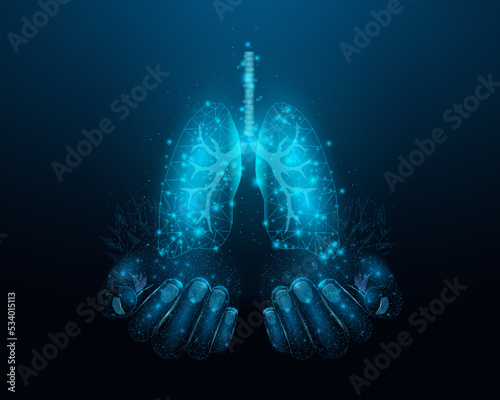 Two human hands are holds human lungs. Support healthy lungs concept. Wireframe glowing low poly design on dark blue background. Abstract futuristic vector illustration.