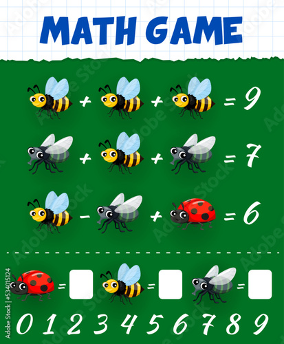 Math game of cartoon funny bee, fly and ladybug insects. Counting puzzle quiz vector worksheet with funny bugs and pest insect characters. Kids educational game with addition and subtraction exercises