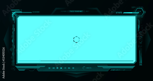 Futuristic HUD video player screen interface. Vector ui of digital media player skin, hologram screen with hi tech frame borders, neon buttons of control panel, progress bar, multimedia technologies
