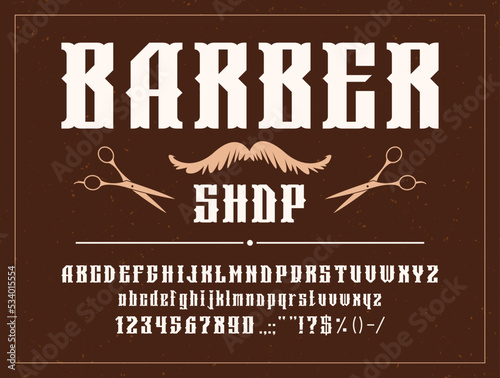 Retro barber font alphabet, vintage typeface and typography, vector old type. Barber shop script text or barbershop old bold font with chalkboard letters and signs, mustaches and scissors