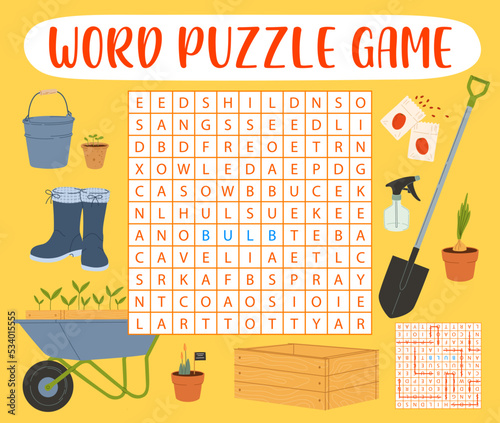 Word search puzzle game, farm and gardening tools, vector quiz. Riddle grid worksheet to search and find word of framer spade, seed bulbs in seedling box, shovel and bucket or garden cart