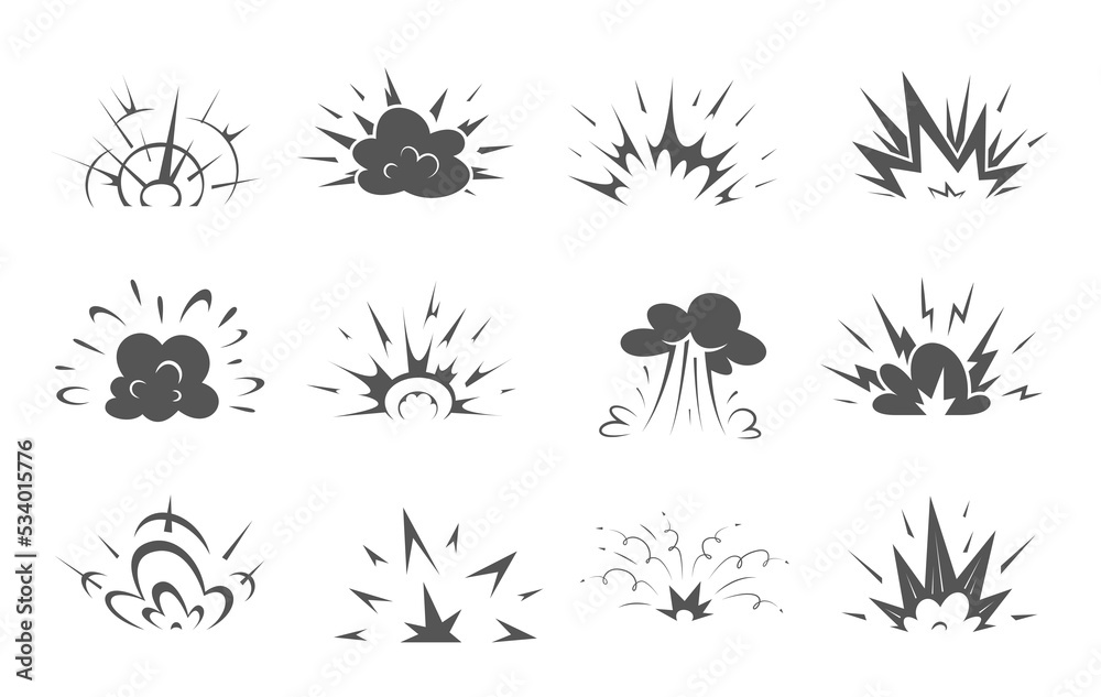 Cartoon bomb explosion, comic clouds of blast boom, vector smoke effect icons. Bomb explode or explosive blast clouds of fire or dynamite bang, comic hit flashes and crash burst explosion bubbles