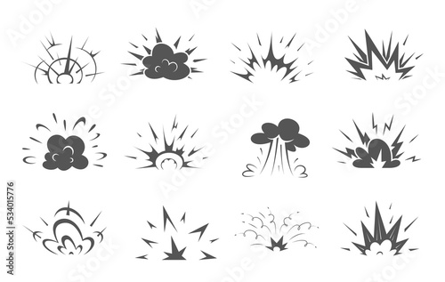 Cartoon bomb explosion, comic clouds of blast boom, vector smoke effect icons. Bomb explode or explosive blast clouds of fire or dynamite bang, comic hit flashes and crash burst explosion bubbles