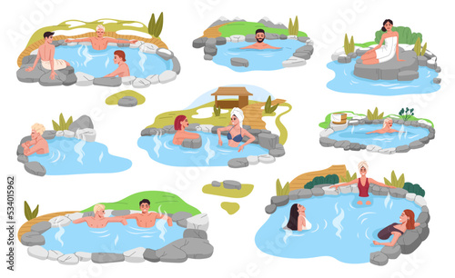 Japan onsen, women and men relaxing in spring thermal pool or bath with rocks, hot water and steam. Vector spa hotel, japanese outdoor bathtub ot tub of asian resort ryokan with young people