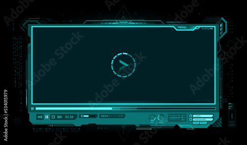 HUD video player screen interface. Futuristic ui of vector digital video player, hologram overlay screen with neon glowing frame border, play symbol, media control buttons and progress bar with slider photo