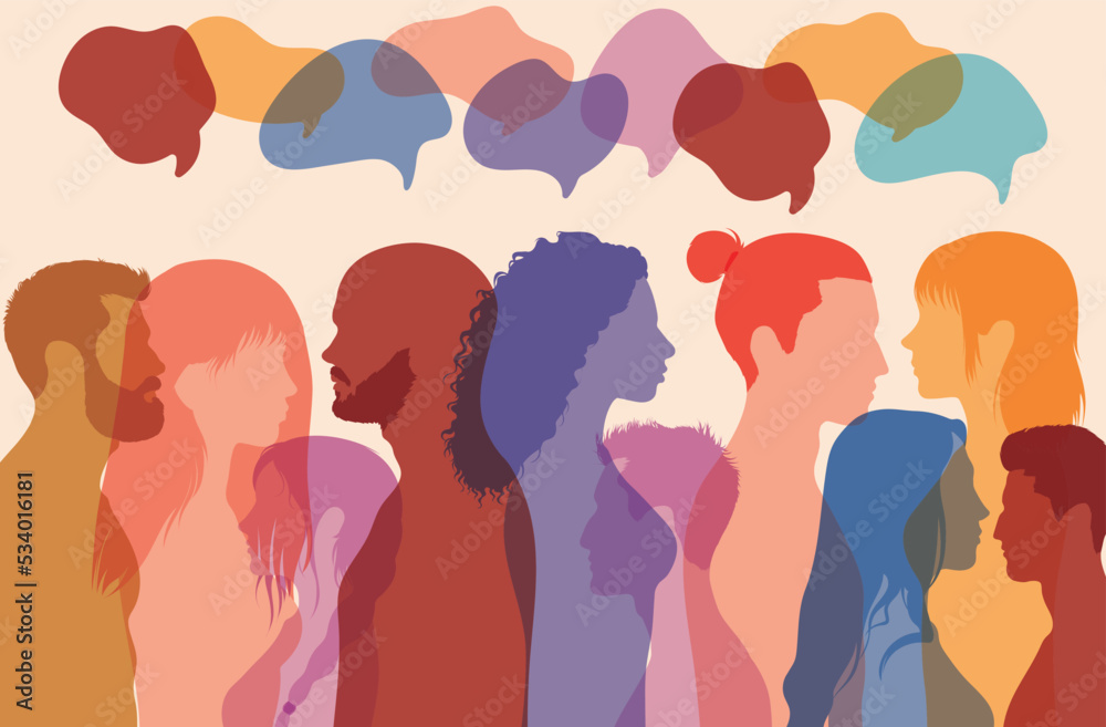 Multicultural society. Multiethnic communication and sharing of ideas. Immigration and disorganisation. Vector cartoon coloured profile of multiethnic people. Multicultural society. Multiethnic communication and sharing of ideas. Immigration and disorganisation. Vector cartoon coloured profile of multiethnic people.