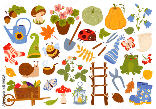 Cartoon gnome, elf and dwarf garden tools, animals and plants. Vector mushrooms, fairy lantern, watering can and flowers, spade, wheelbarrow and boots, frog, bee, butterfly, leaves, pumpkin and acorn
