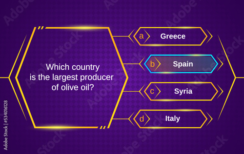 Quiz template with question and option menu of right answer choice in gold frames. Vector tv game show, trivia quiz or puzzle, test or knowledge competition questionnaire modern layout, game ui or gui