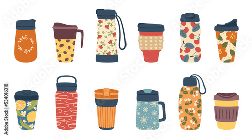 Reusable thermo mugs tumblers and thermal coffee cups, vector icons. Thermos flasks and travel water bottles with drinking lids, grips and strap holders, vacuum thermo mugs and insulated tumblers