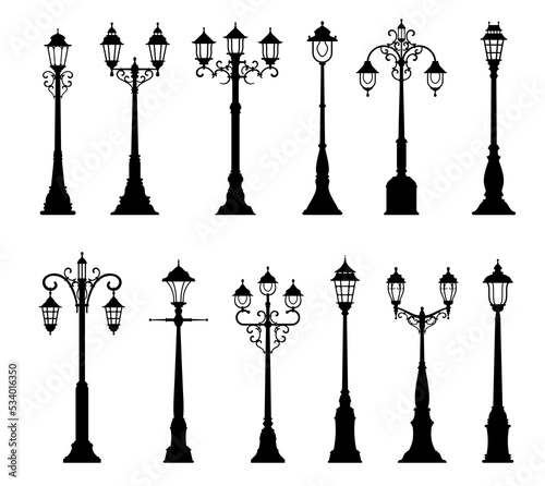 Isolated vintage lamppost, streetlight lamp, streetlamp, street light and lantern vector silhouettes. Old streetlight posts and poles with outdoor electric lamps for city street and road illumination
