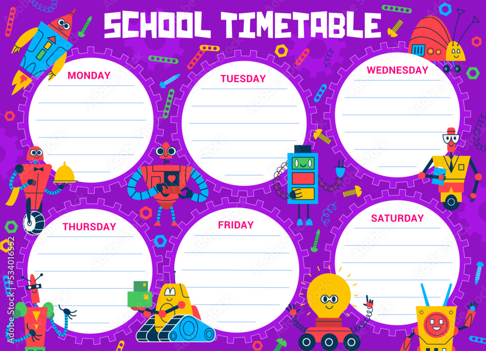 School timetable schedule. Cartoon robots and droids week calendar on ...