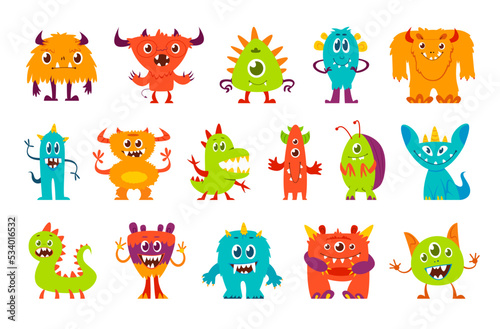 Cartoon funny monster characters. Vector Halloween aliens, scary animals, insects and beasts. Cute monster creatures with happy smiling faces, funny colorful yeti, troll, mutant and ogre characters