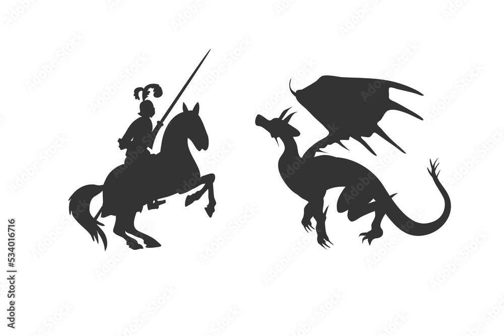 knight and dragon fight silhouette. Medieval battle outlines. Stock ...