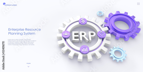 ERP, enterprise resource planning isometric landing page. Productivity and improvement system, data analysis charts, business integration, office icons on cogwheel or gear, web banner