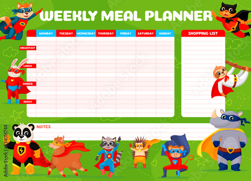 Weekly meal planner. Cartoon superhero animal characters diet food plan or week menu vector template. Meal schedule and grocery list with funny super hero cat, dog, raccoon and panda personages
