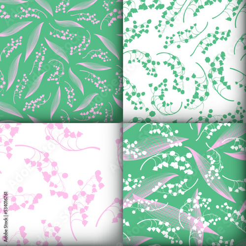 Floral Pattern Set. Seamless Lili Valley Texture. Summer Flower Decoration. Spring Floral Pattern. Vintage Leaves Ornament. Bunch of Convallaria Majalis. Floral Pattern Set.