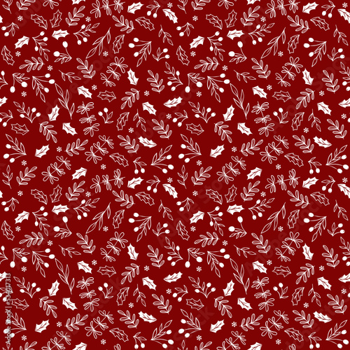 Merry Christmas, Happy New Year seamless pattern with holly leaves and berries for greeting cards, wrapping papers.