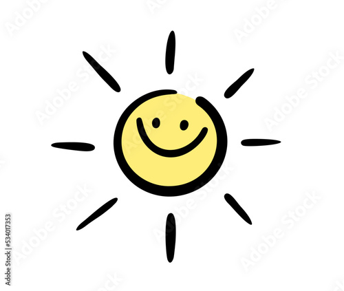 Doodle drawing sun with crazy smile. Vector art.