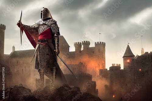Fototapeta Ancient knight defending a castle