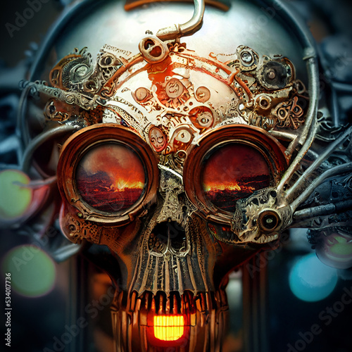 Fotografie, Obraz surreal steampunk skull, post apocalyptic satanic head, biomechanical helmet, ge
