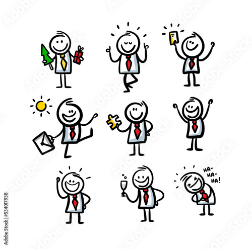 Set of cute doodle characters of office man wokers in red tie.