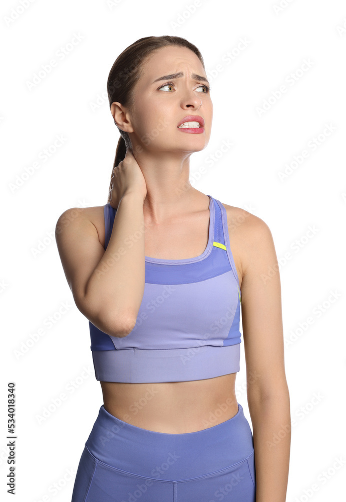 Young woman suffering from neck pain on white background Young woman suffering from neck pain on white background