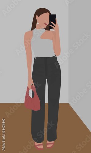 Vector flat image of a young lady from phones. A girl in a one-shoulder top, pants, sandals and a bag. The chick is cute. Design for cards, avatars, posters, backgrounds, templates, banners.