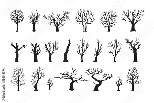 Dead tree silhouettes. dying black scary trees forest illustration. natural dying old tree of set