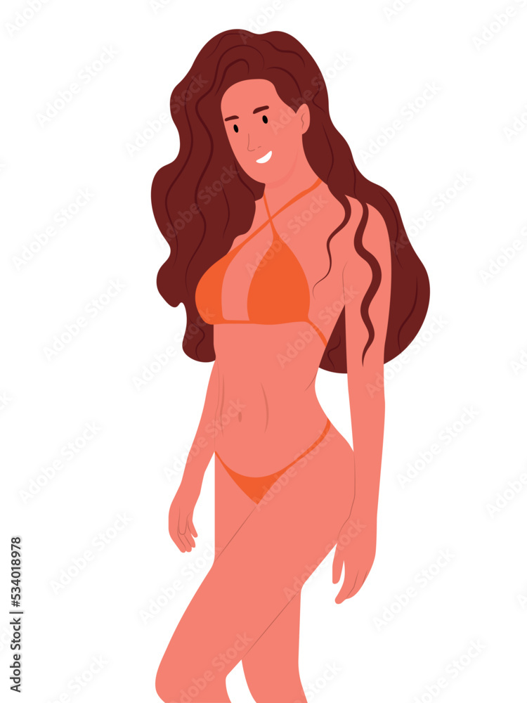 Overjoyed young woman in swimsuit. Flat graphic vector illustration isolated on white background Overjoyed young woman in swimsuit. Flat graphic vector illustration isolated on white background