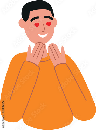 Enamored person falling in love, man with heart shaped eyes. Charmed face admiring, feeling sentiment emotions, looking with adoration, loving look. Flat vector illustration isolated