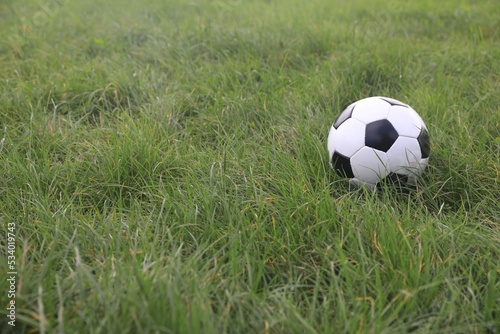 Dirty soccer ball on green grass outdoors, space for text © New Africa