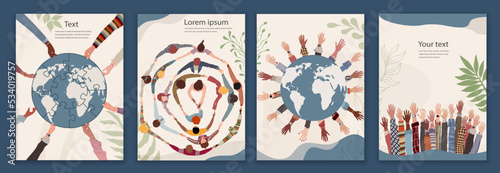 Poster template with group of people of diverse culture in a circle holding hands together and cooperating for an eco and clean environment and earth. Community. Environmental Protection