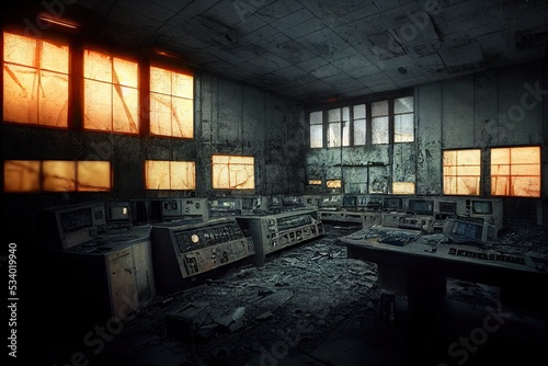 Nuclear ruins of Chernobyl in Ukraine due to the nuclear incident in 1986 by Pripyat city, Soviet Union. An abandoned radioactive control room of Chernobyl nuclear power station in Ukraine. 3D render. photo