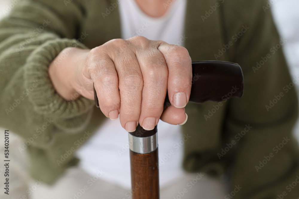 Fototapeta premium Elderly woman with walking cane indoors, closeup. Home care service