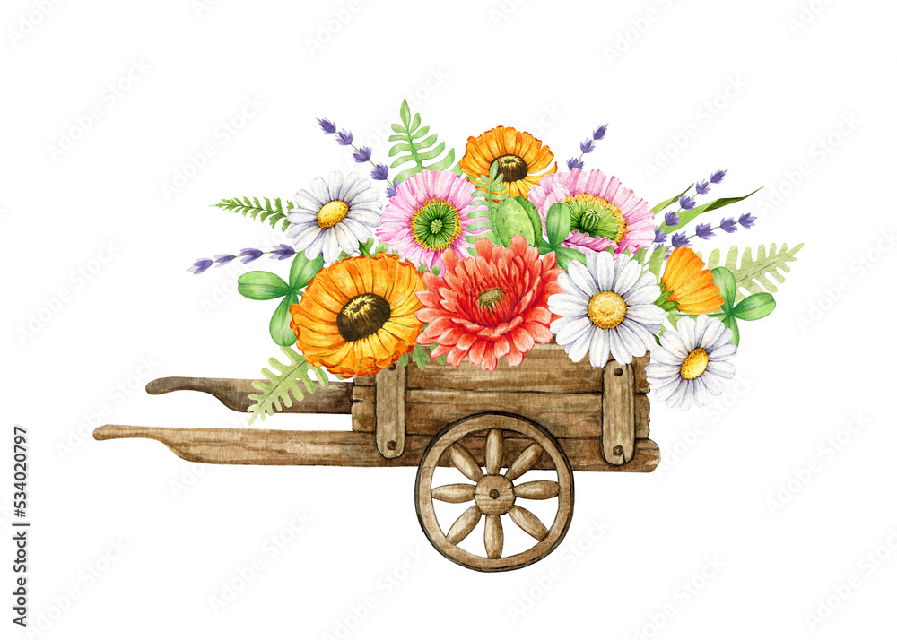 Garden and meadow flowers decoration. Watercolor illustration. Hand drawn floral decor in the vintage wheel cart. Countryside rustic style flower decor from poppy, daisy, calendula, lavender, clover