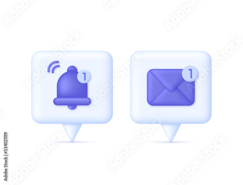 3D Bell and Envelope on Speech bubble. Reminder concept. New notification arrived. © Violet Sun