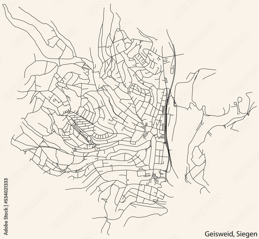 Detailed navigation black lines urban street roads map of the GEISWEID QUARTER of the German regional capital city of Siegen, Germany on vintage beige background Detailed navigation black lines urban street roads map of the GEISWEID QUARTER of the German regional capital city of Siegen, Germany on vintage beige background