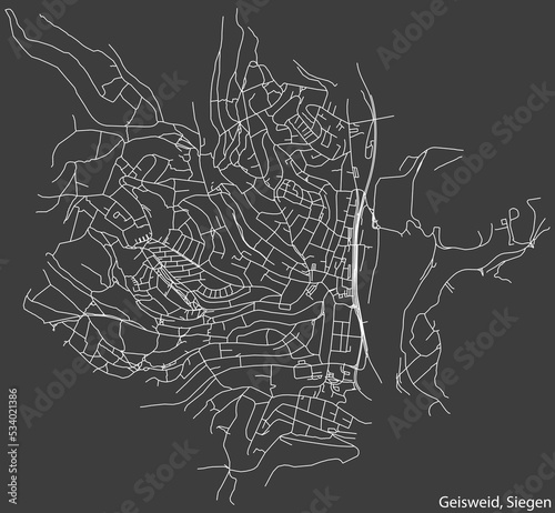 Detailed negative navigation white lines urban street roads map of the GEISWEID QUARTER of the German regional capital city of Siegen, Germany on dark gray background photo