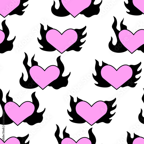 Seamless pattern with pink and black flaming hearts. Vector background in 90s, 00s, y2k style