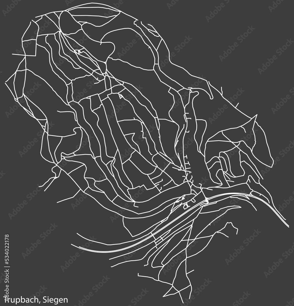 Detailed negative navigation white lines urban street roads map of the TRUPBACH QUARTER of the German regional capital city of Siegen, Germany on dark gray background