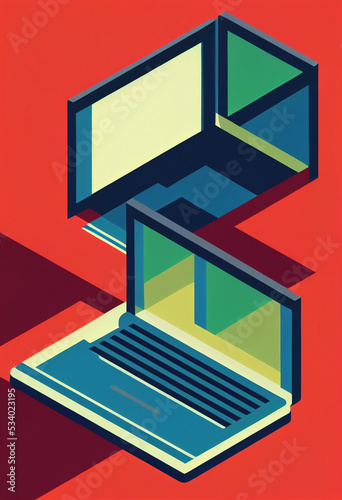 Illustration of a laptop ofer a office desk. Colorful abstract design,Flat design concept with fine lines. Perfect for web design, banner, mobile app, landing page. photo