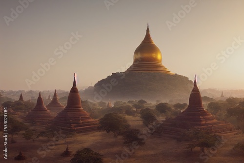 Murais de parede This is a 3D illustration of Bagan, Myanmar, Ancient City, Shwesandaw Stupa